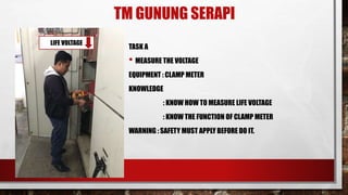 TM GUNUNG SERAPI
TASK A
• MEASURE THE VOLTAGE
EQUIPMENT : CLAMP METER
KNOWLEDGE
: KNOW HOW TO MEASURE LIFE VOLTAGE
: KNOW THE FUNCTION OF CLAMP METER
WARNING : SAFETY MUST APPLY BEFORE DO IT.
LIFE VOLTAGE
 