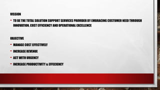 VISSION
- TO BE THE TOTAL SOLUTION SUPPORT SERVICES PROVIDER BY EMBRACING COSTUMER NEED THROUGH
INNOVATION, COST EFFICIENCY AND OPERATIONAL EXCELLENCE
OBJECTIVE
- MANAGE COST EFFECTIVELY
- INCREASE REVENUE
- ACT WITH URGENCY
- INCREASE PRODUCTIVITY & EFFECIENCY
 