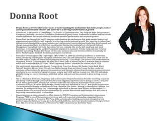  Donna Root has devoted the last 15-years to understanding the mechanisms that make people, leaders
and organizations more effective and powerful in achieving transformational growth
 Donna Root, is the creator of Crazy Magic; The Science of Transformation. This Program helps Entrepreneurs,
Companies, Business Executives, Performers, Professional Sports Teams, Professional Athletes and Individuals
remove the hidden barriers to achieving maximum personal performance and corporate growth.
 Donna Root has devoted the last 15-years to understanding the mechanisms that make people, leaders and
organizations more effective and powerful in achieving transformational growth. Her expertise in cultural and
interpersonal alignment to purpose, business and interpersonal transformational leadership development and
change management have kept her busy speaking and training internationally as a Corporate Cultural
Management Consultant for C-suite Executives for over a decade. She works with small and mid-sized
businesses in recognizing the need for Corporate Alignment to Economic Trends, Corporate and Personal
Lifestyle Consulting, Reduce distributor attrition and increase sales and retention efforts dramatically for
Direct Marketing and Network Marketing Companies worldwide.
 Donna has been recognized by Cambridge’s “Who’s Who” in 2008 for achieving excellence in leadership,
vision, mentoring, coaching and all aspects of business as a CEO and Entrepreneur. Donna is a show host for
the WIN and has produced several audio programs including: “Crazy Magic: The Science of Transformational
Alignment, How to Transform your life using the 3 linear laws of motion and the 5 quantum laws of creation”
which will be available Feb. 2010 and “When Lightening Strikes” scheduled for release July of 2011.
 She has lectured nationally with Donald Trump, Brian Tracy, Les Brown, Bill Danko, David Bach, Marci
Shimoff, Meredith McIver, Scott O’Grady, Lou Dobbs, George Ross and Steve Young. She has conducted
seminars and workshops for personal empowerment and business relationships & communications, personal
development, and entity structuring for groups as large as 15,000 and has trained over 100,000 individuals
globally during her career. Donna is a published author and poet, and has assisted in ghost writing several
books.
 She is a Mediator, Arbitrator, Negotiator and an Alternative Dispute Resolution Provider resolving corporate
and family conflict through a mutually beneficial non-litigation experience and in doing so create a win/win
for all willing participants. Donna is an international leader in Corporate and Interpersonal Content
Communication and Business Relationships. Donna is the Vice President of 501c3 – Non-profit Organization
The Foundation for Family and Individual Value Education. Our Vision: “Making a difference in Families” Our
Mission: To strengthen Family ties. To encourage Individuals to become their highest and best selves. To
promote Values that sustains healthy relationships To provide Educational opportunities that will assist in
improving communities in all relationships.
 Donna serves as an internationally certified trainer for PREP:Prevention and Relationship Enhancement
Program. PREP is one of the most comprehensive and well-respected relationship enhancing/divorce-
prevention programs in the world. PREP is a skills and principles-building curriculum designed to help
partners say what they need to say, get to the heart of problems, and create transformational changes in their
lives. She also serves on the Board of Directors for HART. Humanitarian Aid Relief Team.
 