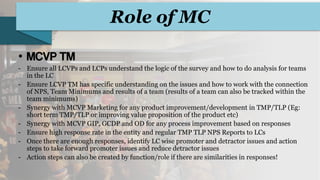 Role of MC
•
- Ensure all LCVPs and LCPs understand the logic of the survey and how to do analysis for teams
in the LC
- Ensure LCVP TM has specific understanding on the issues and how to work with the connection
of NPS, Team Minimums and results of a team (results of a team can also be tracked within the
team minimums)
- Synergy with MCVP Marketing for any product improvement/development in TMP/TLP (Eg:
short term TMP/TLP or improving value proposition of the product etc)
- Synergy with MCVP GIP, GCDP and OD for any process improvement based on responses
- Ensure high response rate in the entity and regular TMP TLP NPS Reports to LCs
- Once there are enough responses, identify LC wise promoter and detractor issues and action
steps to take forward promoter issues and reduce detractor issues
- Action steps can also be created by function/role if there are similarities in responses!
 