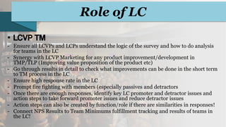 Role of LC
•
- Ensure all LCVPs and LCPs understand the logic of the survey and how to do analysis
for teams in the LC
- Synergy with LCVP Marketing for any product improvement/development in
TMP/TLP (Improving value proposition of the product etc)
- Go through results in detail to check what improvements can be done in the short term
to TM process in the LC
- Ensure high response rate in the LC
- Prompt fire fighting with members (especially passives and detractors
- Once there are enough responses, identify key LC promoter and detractor issues and
action steps to take forward promoter issues and reduce detractor issues
- Action steps can also be created by function/role if there are similarities in responses!
- Connect NPS Results to Team Minimums fulfillment tracking and results of teams in
the LC!
 