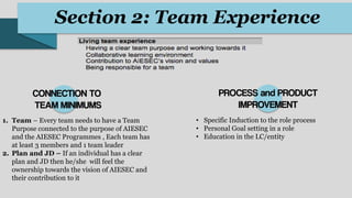 Section 2: Team Experience
1. Team – Every team needs to have a Team
Purpose connected to the purpose of AIESEC
and the AIESEC Programmes , Each team has
at least 3 members and 1 team leader
2. Plan and JD – If an individual has a clear
plan and JD then he/she will feel the
ownership towards the vision of AIESEC and
their contribution to it
• Specific Induction to the role process
• Personal Goal setting in a role
• Education in the LC/entity
 