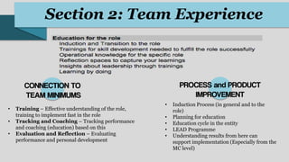 • Training – Effective understanding of the role,
training to implement fast in the role
• Tracking and Coaching – Tracking performance
and coaching (education) based on this
• Evaluation and Reflection – Evaluating
performance and personal development
• Induction Process (in general and to the
role)
• Planning for education
• Education cycle in the entity
• LEAD Programme
• Understanding results from here can
support implementation (Especially from the
MC level)
Section 2: Team Experience
 