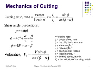 Mechanics of Cutting 
Mahfudz Al Huda Magister Teknik Mesin Univ. Pancasila, 2010 1 
   
 
 
 
   
cos 
sin 
, 
1 sin 
cos 
Cutting ratio, tan 
c 
o 
t 
t 
r 
-r α 
r α 
   
  
 
  
    
    
 
45 
2 2 
45 
tan 
Shear angle predictions : 
Velocities, Vc  
V sin 
cos  
r = cutting ratio 
t0 = depth of cut, mm 
tc = the chip thickness, mm 
 = shear angle,  
 = rake angle,  
 = coefficient of friction 
 = friction angle,  
V = cutting speed, m/min 
Vc = the velocity of the chip, m/min 
 