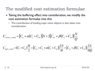 The modified cost estimation formulae
     Taking the buffering effect into consideration, we modify the
      cost estimation formulae into this
         The contribution of loading topic name objects is also taken into
          consideration


Cassoc_ route  Ca   Ct  Ctn N  2Car   Ct  Ctn 
                                                               N
                                                               Q

Ctopic_ route  Ct  Ctn   Car  Ca   Ct  Ctn   Car   Ct  Ctn 
                           M                            2N                       2N
                           2                            M                        MQ




    22                               Data Engineering Lab                     2010/10/6
 