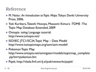 Reference
   M. Naito：An Introduction to Topic Maps. Tokyo Denki University
    Press, 2006.
   Yuki Kuribara, Takeshi Hosoya, Masaomi Kimura : TOME : The
    Topic Map Database Extended, 2009
   Ontopia：tolog Language tutorial.
    http://www.ontopia.net/
   ISO/IEC JTC1/SC34, Topic Map – Data Model
    http://www.isotopicmaps.org/sam/sam-model/
   Pokemon Topic Map
    http://www.ontopia.net/omnigator/models/topicmap_complete
    .jsp?tm=pokemon.ltm
   Pajek, http://vlado.fmf.uni-lj.si/pub/networks/pajek/

30                          Data Engineering Lab            2010/10/6
 