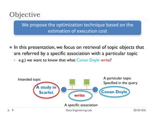 Objective
          We propose the optimization technique based on the
                     estimation of execution cost


   In this presentation, we focus on retrieval of topic objects that
    are referred by a specific association with a particular topic
       e.g.) we want to know that what Conan Doyle write?



        Intended topic                                   A particular topic
                                                         Specified in the query
                   A study in
                    Scarlet                              Conan Doyle
                                       write

                                A specific association
9                                Data Engineering Lab                       2010/10/6
 
