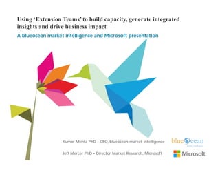 Using ‘Extension Teams’ to build capacity, generate integrated
insights and drive business impact
A blueocean market intelligence and Microsoft presentation

Kumar Mehta PhD – CEO, blueocean market intelligence
Jeff Mercer PhD – Director Market Research, Microsoft

 