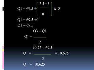 2.5 – 3
Q1 = 69.5 + x 5
0
Q1 = 69.5 +0
Q1 = 69.5
Q3 – Q1
Q =
2
90.75 – 69.5
Q = = 10.625
2
Q = 10.625
 