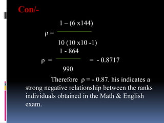 Con/-
1 – (6 x144)
ρ =
10 (10 x10 -1)
1 - 864
ρ = = - 0.8717
990
Therefore ρ = - 0.87. his indicates a
strong negative relationship between the ranks
individuals obtained in the Math & English
exam.
 