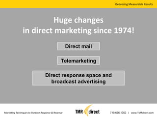 Delivering Measurable Results Marketing Techniques to Increase Response & Revenue 719.636.1303   |  www.TMRdirect.com Huge changes in direct marketing since 1974! Direct mail Telemarketing Direct response space and broadcast advertising 