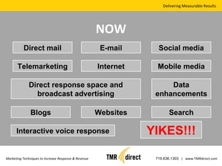 Delivering Measurable Results Marketing Techniques to Increase Response & Revenue 719.636.1303   |  www.TMRdirect.com NOW Direct mail Telemarketing Direct response space and broadcast advertising E-mail Internet Social media Mobile media Data enhancements Blogs Websites Search Interactive voice response YIKES!!! 