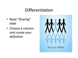 Differentiation
• Read “Sharing”
  slide
• Choose a column
  and create your
  definition
 