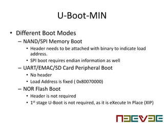 U-Boot-MIN
• Different Boot Modes
– NAND/SPI Memory Boot
• Header needs to be attached with binary to indicate load
address.
• SPI boot requires endian information as well
– UART/EMAC/SD Card Peripheral Boot
• No header
• Load Address is fixed ( 0x80070000)
– NOR Flash Boot
• Header is not required
• 1st stage U-Boot is not required, as it is eXecute In Place (XIP)
 
