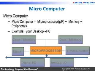 Micro Computer
 Micro Computer
     – Micro Computer = Microprocessor(µP) + Memory +
       Peripherals
     – Example: your Desktop –PC

        Code - Memory                 Data - Memory


         Clock         MICROPROCESSOR         Timer/Counter


                 Digital I/O    Analog I/O
Technology beyond the Dreams™           Copyright © 2006 Pantech Solutions Pvt
 