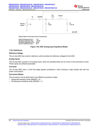 ac
Rs ADCIN0
Cp
10 pF
Ron
1 kΩ
1.64 pF
Ch
Switch
Typical Values of the Input Circuit Components:
Switch Resistance (Ron): 1 kΩ
Sampling Capacitor (Ch): 1.64 pF
Parasitic Capacitance (Cp): 10 pF
Source Resistance (Rs): 50 Ω
28x DSP
Source
Signal
Figure 7-38. ADC Analog Input Impedance Model
7.10.3 Definitions
Reference Voltage
The on-chip ADC has a built-in reference, which provides the reference voltages for the ADC.
Analog Inputs
The on-chip ADC consists of 16 analog inputs, which are sampled either one at a time or two channels at a time.
These inputs are software-selectable.
Converter
The on-chip ADC uses a 12-bit four-stage pipeline architecture, which achieves a high sample rate with low
power consumption.
Conversion Modes
The conversion can be performed in two different conversion modes:
• Sequential sampling mode (SMODE = 0)
• Simultaneous sampling mode (SMODE = 1)
TMS320F28335, TMS320F28335-Q1, TMS320F28334, TMS320F28333
TMS320F28332, TMS320F28235, TMS320F28235-Q1
TMS320F28234, TMS320F28234-Q1, TMS320F28232, TMS320F28232-Q1
SPRS439Q – JUNE 2007 – REVISED AUGUST 2022 www.ti.com
102 Submit Document Feedback Copyright © 2022 Texas Instruments Incorporated
Product Folder Links: TMS320F28335 TMS320F28335-Q1 TMS320F28334 TMS320F28333 TMS320F28332
TMS320F28235 TMS320F28235-Q1 TMS320F28234 TMS320F28234-Q1 TMS320F28232 TMS320F28232-Q1
 