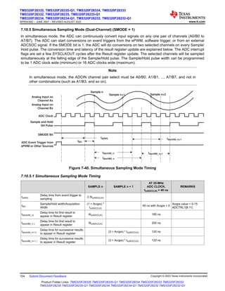 7.10.5 Simultaneous Sampling Mode (Dual-Channel) (SMODE = 1)
In simultaneous mode, the ADC can continuously convert input signals on any one pair of channels (A0/B0 to
A7/B7). The ADC can start conversions on event triggers from the ePWM, software trigger, or from an external
ADCSOC signal. If the SMODE bit is 1, the ADC will do conversions on two selected channels on every Sample/
Hold pulse. The conversion time and latency of the result register update are explained below. The ADC interrupt
flags are set a few SYSCLKOUT cycles after the Result register update. The selected channels will be sampled
simultaneously at the falling edge of the Sample/Hold pulse. The Sample/Hold pulse width can be programmed
to be 1 ADC clock wide (minimum) or 16 ADC clocks wide (maximum).
Note
In simultaneous mode, the ADCIN channel pair select must be A0/B0, A1/B1, ..., A7/B7, and not in
other combinations (such as A1/B3, and so on).
Analog Input on
Channel Ax
Analog Input on
Channel Bx
ADC Clock
Sample and Hold
SH Pulse
tSH
tdschA0_n
tdschB0_n
tdschB0_n+1
Sample n
Sample n+1 Sample n+2
tdschA0_n+1
td(SH)
ADC Event Trigger from
ePWM or Other Sources
SMODE Bit
Figure 7-40. Simultaneous Sampling Mode Timing
7.10.5.1 Simultaneous Sampling Mode Timing
SAMPLE n SAMPLE n + 1
AT 25-MHz
ADC CLOCK,
tc(ADCCLK) = 40 ns
REMARKS
td(SH)
Delay time from event trigger to
sampling
2.5tc(ADCCLK)
tSH
Sample/Hold width/Acquisition
Width
(1 + Acqps) *
tc(ADCCLK)
40 ns with Acqps = 0
Acqps value = 0-15
ADCTRL1[8:11]
td(schA0_n)
Delay time for first result to
appear in Result register
4tc(ADCCLK) 160 ns
td(schB0_n )
Delay time for first result to
appear in Result register
5tc(ADCCLK) 200 ns
td(schA0_n+1)
Delay time for successive results
to appear in Result register
(3 + Acqps) * tc(ADCCLK) 120 ns
td(schB0_n+1 )
Delay time for successive results
to appear in Result register
(3 + Acqps) * tc(ADCCLK) 120 ns
TMS320F28335, TMS320F28335-Q1, TMS320F28334, TMS320F28333
TMS320F28332, TMS320F28235, TMS320F28235-Q1
TMS320F28234, TMS320F28234-Q1, TMS320F28232, TMS320F28232-Q1
SPRS439Q – JUNE 2007 – REVISED AUGUST 2022 www.ti.com
104 Submit Document Feedback Copyright © 2022 Texas Instruments Incorporated
Product Folder Links: TMS320F28335 TMS320F28335-Q1 TMS320F28334 TMS320F28333 TMS320F28332
TMS320F28235 TMS320F28235-Q1 TMS320F28234 TMS320F28234-Q1 TMS320F28232 TMS320F28232-Q1
 