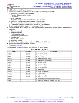 The I2C module has the following features:
• Compliance with the Philips Semiconductors I2C-bus specification (version 2.1):
– Support for 1-bit to 8-bit format transfers
– 7-bit and 10-bit addressing modes
– General call
– START byte mode
– Support for multiple master-transmitters and slave-receivers
– Support for multiple slave-transmitters and master-receivers
– Combined master transmit/receive and receive/transmit mode
– Data transfer rate from 10 kbps up to 400 kbps (I2C Fast-mode rate)
• One 16-word receive FIFO and one 16-word transmit FIFO
• One interrupt that can be used by the CPU. This interrupt can be generated as a result of one of the following
conditions:
– Transmit-data ready
– Receive-data ready
– Register-access ready
– No-acknowledgment received
– Arbitration lost
– Stop condition detected
– Addressed as slave
• An additional interrupt that can be used by the CPU when in FIFO mode
• Module-enable and module-disable capability
• Free data format mode
The registers in Table 8-16 configure and control the I2C port operation.
Table 8-16. I2C-A Registers
NAME ADDRESS DESCRIPTION
I2COAR 0x7900 I2C own address register
I2CIER 0x7901 I2C interrupt enable register
I2CSTR 0x7902 I2C status register
I2CCLKL 0x7903 I2C clock low-time divider register
I2CCLKH 0x7904 I2C clock high-time divider register
I2CCNT 0x7905 I2C data count register
I2CDRR 0x7906 I2C data receive register
I2CSAR 0x7907 I2C slave address register
I2CDXR 0x7908 I2C data transmit register
I2CMDR 0x7909 I2C mode register
I2CISRC 0x790A I2C interrupt source register
I2CPSC 0x790C I2C prescaler register
I2CFFTX 0x7920 I2C FIFO transmit register
I2CFFRX 0x7921 I2C FIFO receive register
I2CRSR – I2C receive shift register (not accessible to the CPU)
I2CXSR – I2C transmit shift register (not accessible to the CPU)
www.ti.com
TMS320F28335, TMS320F28335-Q1, TMS320F28334, TMS320F28333
TMS320F28332, TMS320F28235, TMS320F28235-Q1
TMS320F28234, TMS320F28234-Q1, TMS320F28232, TMS320F28232-Q1
SPRS439Q – JUNE 2007 – REVISED AUGUST 2022
Copyright © 2022 Texas Instruments Incorporated Submit Document Feedback 149
Product Folder Links: TMS320F28335 TMS320F28335-Q1 TMS320F28334 TMS320F28333 TMS320F28332
TMS320F28235 TMS320F28235-Q1 TMS320F28234 TMS320F28234-Q1 TMS320F28232 TMS320F28232-Q1
 