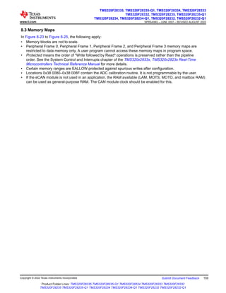 8.3 Memory Maps
In Figure 8-23 to Figure 8-25, the following apply:
• Memory blocks are not to scale.
• Peripheral Frame 0, Peripheral Frame 1, Peripheral Frame 2, and Peripheral Frame 3 memory maps are
restricted to data memory only. A user program cannot access these memory maps in program space.
• Protected means the order of "Write followed by Read" operations is preserved rather than the pipeline
order. See the System Control and Interrupts chapter of the TMS320x2833x, TMS320x2823x Real-Time
Microcontrollers Technical Reference Manual for more details.
• Certain memory ranges are EALLOW protected against spurious writes after configuration.
• Locations 0x38 0080–0x38 008F contain the ADC calibration routine. It is not programmable by the user.
• If the eCAN module is not used in an application, the RAM available (LAM, MOTS, MOTO, and mailbox RAM)
can be used as general-purpose RAM. The CAN module clock should be enabled for this.
www.ti.com
TMS320F28335, TMS320F28335-Q1, TMS320F28334, TMS320F28333
TMS320F28332, TMS320F28235, TMS320F28235-Q1
TMS320F28234, TMS320F28234-Q1, TMS320F28232, TMS320F28232-Q1
SPRS439Q – JUNE 2007 – REVISED AUGUST 2022
Copyright © 2022 Texas Instruments Incorporated Submit Document Feedback 159
Product Folder Links: TMS320F28335 TMS320F28335-Q1 TMS320F28334 TMS320F28333 TMS320F28332
TMS320F28235 TMS320F28235-Q1 TMS320F28234 TMS320F28234-Q1 TMS320F28232 TMS320F28232-Q1
 