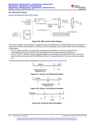 8.6.1 OSC and PLL Block
Figure 8-30 shows the OSC and PLL block.
X1
XCLKIN
(3.3-V clock input
from external
oscillator)
On-chip
oscillator
X2
PLLSTS[OSCOFF]
OSCCLK
PLL
VCOCLK
4-bit Multiplier PLLCR[DIV]
OSCCLK or
VCOCLK CLKIN
OSCCLK
0
PLLSTS[PLLOFF]
n n ≠ 0
PLLSTS[DIVSEL]
/1
/2
/4
External
Crystal or
Resonator
To
CPU
Figure 8-30. OSC and PLL Block Diagram
The on-chip oscillator circuit enables a crystal/resonator to be attached to the 2833x/2823x devices using the X1
and X2 pins. If the on-chip oscillator is not used, an external oscillator can be used in either one of the following
configurations:
• A 3.3-V external oscillator can be directly connected to the XCLKIN pin. The X2 pin should be left
unconnected and the X1 pin tied low. The logic-high level in this case should not exceed VDDIO.
• A 1.9-V (1.8-V for 100 MHz devices) external oscillator can be directly connected to the X1 pin. The X2 pin
should be left unconnected and the XCLKIN pin tied low. The logic-high level in this case should not exceed
VDD.
The three possible input-clock configurations are shown in Figure 8-31 to Figure 8-33.
External Clock Signal
(Toggling 0-V )
DDIO
XCLKIN X2
NC
X1
Figure 8-31. Using a 3.3-V External Oscillator
External Clock Signal
(Toggling 0-V )
DD
XCLKIN X2
NC
X1
Figure 8-32. Using a 1.9-V External Oscillator
CL1
X2
X1
Crystal
CL2
XCLKIN
Figure 8-33. Using the Internal Oscillator
TMS320F28335, TMS320F28335-Q1, TMS320F28334, TMS320F28333
TMS320F28332, TMS320F28235, TMS320F28235-Q1
TMS320F28234, TMS320F28234-Q1, TMS320F28232, TMS320F28232-Q1
SPRS439Q – JUNE 2007 – REVISED AUGUST 2022 www.ti.com
176 Submit Document Feedback Copyright © 2022 Texas Instruments Incorporated
Product Folder Links: TMS320F28335 TMS320F28335-Q1 TMS320F28334 TMS320F28333 TMS320F28332
TMS320F28235 TMS320F28235-Q1 TMS320F28234 TMS320F28234-Q1 TMS320F28232 TMS320F28232-Q1
 