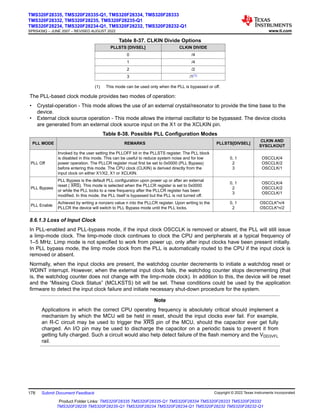 Table 8-37. CLKIN Divide Options
PLLSTS [DIVSEL] CLKIN DIVIDE
0 /4
1 /4
2 /2
3 /1(1)
(1) This mode can be used only when the PLL is bypassed or off.
The PLL-based clock module provides two modes of operation:
• Crystal-operation - This mode allows the use of an external crystal/resonator to provide the time base to the
device.
• External clock source operation - This mode allows the internal oscillator to be bypassed. The device clocks
are generated from an external clock source input on the X1 or the XCLKIN pin.
Table 8-38. Possible PLL Configuration Modes
PLL MODE REMARKS PLLSTS[DIVSEL]
CLKIN AND
SYSCLKOUT
PLL Off
Invoked by the user setting the PLLOFF bit in the PLLSTS register. The PLL block
is disabled in this mode. This can be useful to reduce system noise and for low
power operation. The PLLCR register must first be set to 0x0000 (PLL Bypass)
before entering this mode. The CPU clock (CLKIN) is derived directly from the
input clock on either X1/X2, X1 or XCLKIN.
0, 1
2
3
OSCCLK/4
OSCCLK/2
OSCCLK/1
PLL Bypass
PLL Bypass is the default PLL configuration upon power up or after an external
reset ( XRS). This mode is selected when the PLLCR register is set to 0x0000
or while the PLL locks to a new frequency after the PLLCR register has been
modified. In this mode, the PLL itself is bypassed but the PLL is not turned off.
0, 1
2
3
OSCCLK/4
OSCCLK/2
OSCCLK/1
PLL Enable
Achieved by writing a nonzero value n into the PLLCR register. Upon writing to the
PLLCR the device will switch to PLL Bypass mode until the PLL locks.
0, 1
2
OSCCLK*n/4
OSCCLK*n/2
8.6.1.3 Loss of Input Clock
In PLL-enabled and PLL-bypass mode, if the input clock OSCCLK is removed or absent, the PLL will still issue
a limp-mode clock. The limp-mode clock continues to clock the CPU and peripherals at a typical frequency of
1–5 MHz. Limp mode is not specified to work from power up, only after input clocks have been present initially.
In PLL bypass mode, the limp mode clock from the PLL is automatically routed to the CPU if the input clock is
removed or absent.
Normally, when the input clocks are present, the watchdog counter decrements to initiate a watchdog reset or
WDINT interrupt. However, when the external input clock fails, the watchdog counter stops decrementing (that
is, the watchdog counter does not change with the limp-mode clock). In addition to this, the device will be reset
and the “Missing Clock Status” (MCLKSTS) bit will be set. These conditions could be used by the application
firmware to detect the input clock failure and initiate necessary shut-down procedure for the system.
Note
Applications in which the correct CPU operating frequency is absolutely critical should implement a
mechanism by which the MCU will be held in reset, should the input clocks ever fail. For example,
an R-C circuit may be used to trigger the XRS pin of the MCU, should the capacitor ever get fully
charged. An I/O pin may be used to discharge the capacitor on a periodic basis to prevent it from
getting fully charged. Such a circuit would also help detect failure of the flash memory and the VDD3VFL
rail.
TMS320F28335, TMS320F28335-Q1, TMS320F28334, TMS320F28333
TMS320F28332, TMS320F28235, TMS320F28235-Q1
TMS320F28234, TMS320F28234-Q1, TMS320F28232, TMS320F28232-Q1
SPRS439Q – JUNE 2007 – REVISED AUGUST 2022 www.ti.com
178 Submit Document Feedback Copyright © 2022 Texas Instruments Incorporated
Product Folder Links: TMS320F28335 TMS320F28335-Q1 TMS320F28334 TMS320F28333 TMS320F28332
TMS320F28235 TMS320F28235-Q1 TMS320F28234 TMS320F28234-Q1 TMS320F28232 TMS320F28232-Q1
 
