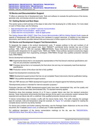 10 Device and Documentation Support
TI offers an extensive line of development tools. Tools and software to evaluate the performance of the device,
generate code, and develop solutions are listed below.
10.1 Getting Started and Next Steps
This section gives a brief overview of the steps to take when first developing for a C28x device. For more detail
on each of these steps, see the following:
• Start development with our C2000™ real-time microcontrollers
• C2000 real-time microcontrollers – Motor control
• C2000 real-time microcontrollers – Solar & digital power
The Getting Started With C2000™ Real-Time Control Microcontrollers (MCUs) Getting Started Guide covers all
aspects of development with C2000 devices from hardware to support resources. In addition to key reference
documents, each section provides relevant links and resources to further expand on the information covered.
10.2 Device and Development Support Tool Nomenclature
To designate the stages in the product development cycle, TI assigns prefixes to the part numbers of all
TMS320™ MCU devices and support tools. Each TMS320™ commercial family member has one of three
prefixes: TMX, TMP, or TMS (for example, TMS320F28335). Texas Instruments recommends two of three
possible prefix designators for its support tools: TMDX and TMDS. These prefixes represent evolutionary stages
of product development from engineering prototypes (TMX/TMDX) through fully qualified production devices/
tools (TMS/TMDS).
Device development evolutionary flow:
TMX Experimental device that is not necessarily representative of the final device's electrical specifications and
may not use production assembly flow.
TMP Prototype device that is not necessarily the final silicon die and may not necessarily meet final electrical
specifications.
TMS Production version of the silicon die that is fully qualified.
Support tool development evolutionary flow:
TMDX Development-support product that has not yet completed Texas Instruments internal qualification testing.
TMDS Fully-qualified development-support product.
TMX and TMP devices and TMDX development-support tools are shipped against the following disclaimer:
"Developmental product is intended for internal evaluation purposes."
Production devices and TMDS development-support tools have been characterized fully, and the quality and
reliability of the device have been demonstrated fully. TI's standard warranty applies.
Predictions show that prototype devices (X or P) have a greater failure rate than the standard production
devices. Texas Instruments recommends that these devices not be used in any production system because their
expected end-use failure rate still is undefined. Only qualified production devices are to be used.
TI device nomenclature also includes a suffix with the device family name. This suffix indicates the package
type (for example, ZJZ) and temperature range (for example, A). Figure 10-1 provides a legend for reading the
complete device name for any family member.
For device part numbers and further ordering information, see the Package Option Addendum at the end of this
document, the TI website (www.ti.com), or contact your TI sales representative.
For additional description of the device nomenclature markings on the die, see the TMS320F2833x,
TMS320F2823x Real-Time MCUs Silicon Errata.
TMS320F28335, TMS320F28335-Q1, TMS320F28334, TMS320F28333
TMS320F28332, TMS320F28235, TMS320F28235-Q1
TMS320F28234, TMS320F28234-Q1, TMS320F28232, TMS320F28232-Q1
SPRS439Q – JUNE 2007 – REVISED AUGUST 2022 www.ti.com
182 Submit Document Feedback Copyright © 2022 Texas Instruments Incorporated
Product Folder Links: TMS320F28335 TMS320F28335-Q1 TMS320F28334 TMS320F28333 TMS320F28332
TMS320F28235 TMS320F28235-Q1 TMS320F28234 TMS320F28234-Q1 TMS320F28232 TMS320F28232-Q1
 