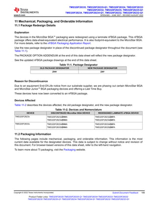 11 Mechanical, Packaging, and Orderable Information
11.1 Package Redesign Details
Explanation
The devices in the MicroStar BGA™ packaging were redesigned using a laminate nFBGA package. This nFBGA
package offers data-sheet-equivalent electrical performance. It is also footprint-equivalent to the MicroStar BGA.
For more details, refer to the nFBGA Packaging Application Report.
Use the new package designator in place of the discontinued package designator throughout the document (see
Table 11-1).
The PACKAGE OPTION ADDENDUM at the end of this data sheet will reflect the new package designator.
See the updated nFBGA package drawings at the end of this data sheet.
Table 11-1. Package Designator
OLD PACKAGE DESIGNATOR NEW PACKAGE DESIGNATOR
ZHH ZAY
Reason for Discontinuance
Due to an equipment End-Of-Life notice from our substrate supplier, we are phasing out certain MicroStar BGA
and MicroStar Junior™ BGA packaging devices and offering a Last Time Buy.
These devices have now been converted to an nFBGA package.
Devices Affected
Table 11-2 describes the devices affected, the old package designator, and the new package designator.
Table 11-2. Devices and Nomenclature
DEVICE DISCONTINUED MicroStar BGA DEVICE REDESIGNED LAMINATE nFBGA DEVICE
TMS320F2823x TMS320F28232ZHHA
TMS320F28234ZHHA
TMS320F28232ZAYA
TMS320F28234ZAYA
TMS320F2833x TMS320F28334ZHHA
TMS320F28335ZHHA
TMS320F28334ZAYA
TMS320F28335ZAYA
11.2 Packaging Information
The following pages include mechanical, packaging, and orderable information. This information is the most
current data available for the designated devices. This data is subject to change without notice and revision of
this document. For browser-based versions of this data sheet, refer to the left-hand navigation.
To learn more about TI packaging, visit the Packaging website.
www.ti.com
TMS320F28335, TMS320F28335-Q1, TMS320F28334, TMS320F28333
TMS320F28332, TMS320F28235, TMS320F28235-Q1
TMS320F28234, TMS320F28234-Q1, TMS320F28232, TMS320F28232-Q1
SPRS439Q – JUNE 2007 – REVISED AUGUST 2022
Copyright © 2022 Texas Instruments Incorporated Submit Document Feedback 189
Product Folder Links: TMS320F28335 TMS320F28335-Q1 TMS320F28334 TMS320F28333 TMS320F28332
TMS320F28235 TMS320F28235-Q1 TMS320F28234 TMS320F28234-Q1 TMS320F28232 TMS320F28232-Q1
 