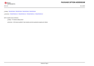 PACKAGE OPTION ADDENDUM
www.ti.com 20-Jul-2023
•Catalog : TMS320F28232, TMS320F28234, TMS320F28235, TMS320F28335
•Automotive : TMS320F28232-Q1, TMS320F28234-Q1, TMS320F28235-Q1, TMS320F28335-Q1
NOTE: Qualified Version Definitions:
•Catalog - TI's standard catalog product
•Automotive - Q100 devices qualified for high-reliability automotive applications targeting zero defects
Addendum-Page 4
 
