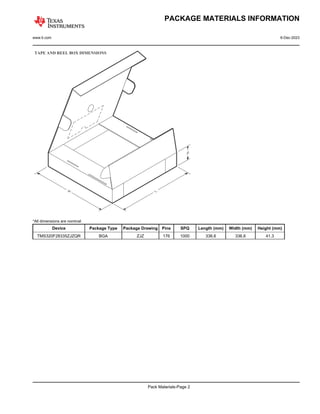 PACKAGE MATERIALS INFORMATION
www.ti.com 6-Dec-2023
TAPE AND REEL BOX DIMENSIONS
Width (mm)
W
L H
*All dimensions are nominal
Device Package Type Package Drawing Pins SPQ Length (mm) Width (mm) Height (mm)
TMS320F28335ZJZQR BGA ZJZ 176 1000 336.6 336.6 41.3
Pack Materials-Page 2
 