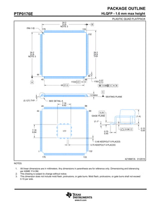PACKAGE OUTLINE
4218967/A 01/2019
www.ti.com
HLQFP - 1.6 mm max height
PLASTIC QUAD FLATPACK
PTP0176E
A
B
0.08 C A B
NOTES:
1. All linear dimensions are in millimeters. Any dimensions in parenthesis are for reference only. Dimensioning and tolerancing
per ASME Y14.5M.
2. This drawing is subject to change without notice.
3. This dimension does not include mold flash, protrusions, or gate burrs. Mold flash, protrusions, or gate burrs shall not exceed
0.15 per side.
24.2
23.8
NOTE 3
24.2
23.8
NOTE 3
PIN 1 ID
26.2
25.8
TYP
1
44
45 88
89
132
(0.127) TYP
1.6 MAX
SEATING PLANE
C
SEE DETAIL A
1
44
45 88
89
132
133
176
4X 21.5
172X 0.5 176X 0.27
0.17
177
133
176
0°-7°
0.25
GAGE PLANE
0.08 C
(1.4)
0.15
0.05
0.75
0.45
7.16
6.62
7.18
6.64
0.75 KEEPOUT 9 PLACES
0.48 KEEPOUT 9 PLACES
 