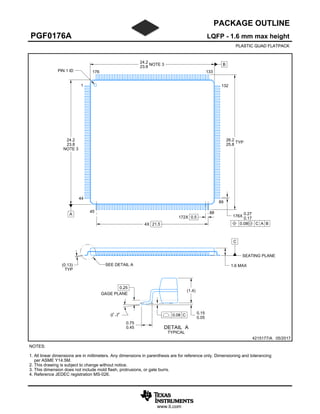 www.ti.com
PACKAGE OUTLINE
C
176X
0.27
0.17
172X 0.5
PIN 1 ID
(0.13)
TYP
0.15
0.05
0 -7
4X 21.5
TYP
26.2
25.8
B
NOTE 3
24.2
23.8
A
NOTE 3
24.2
23.8
0.75
0.45
0.25
GAGE PLANE
1.6 MAX
(1.4)
PLASTIC QUAD FLATPACK
LQFP - 1.6 mm max height
PGF0176A
PLASTIC QUAD FLATPACK
4215177/A 05/2017
NOTES:
1. All linear dimensions are in millimeters. Any dimensions in parenthesis are for reference only. Dimensioning and tolerancing
per ASME Y14.5M.
2. This drawing is subject to change without notice.
3. This dimension does not include mold flash, protrusions, or gate burrs.
4. Reference JEDEC registration MS-026.
1
44
45 88
89
132
133
176
0.08 C A B
SEE DETAIL A
SEATING PLANE
A 12
DETAIL A
TYPICAL
0.08 C
SCALE 0.550
 