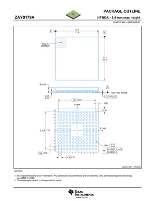 www.ti.com
PACKAGE OUTLINE
12.1
11.9
12.1
11.9
1.4 MAX
0.45
0.35
179X
0.55
0.45
10.4 TYP
10.4 TYP
0.8 TYP
0.8 TYP
(0.8)
(0.8)
NFBGA - 1.4 mm max height
ZAY0179A
PLASTIC BALL GRID ARRAY
4225014/C 07/2020
NOTES:
1. All linear dimensions are in millimeters. Any dimensions in parenthesis are for reference only. Dimensioning and tolerancing
per ASME Y14.5M.
2. This drawing is subject to change without notice.
BALL A1
CORNER
⌓ 0.12 C
SEATING PLANE
⌖
⌀0.15Ⓜ C A B
⌀0.08Ⓜ C
SYMM
℄
SYMM
℄
1
A
2 3 4 5 6 7 8 9 10 11 12 13
B
C
D
E
F
G
H
J
K
L
M
N
14
P
SCALE 1.200
A
B
C
 