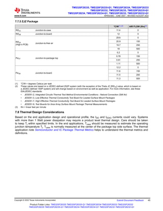 7.7.5 ZJZ Package
°C/W(1) (2) AIR FLOW (lfm)(3)
RΘJC Junction-to-case 11.4 0
RΘJB Junction-to-board 12 0
RΘJA
(High k PCB)
Junction-to-free air
29.6 0
20.9 150
19.7 250
18 500
PsiJT Junction-to-package top
0.2 0
0.78 150
0.91 250
1.11 500
PsiJB Junction-to-board
12.2 0
11.6 150
11.5 250
11.3 500
(1) °C/W = degrees Celsius per watt
(2) These values are based on a JEDEC-defined 2S2P system (with the exception of the Theta JC [RΘJC] value, which is based on
a JEDEC-defined 1S0P system) and will change based on environment as well as application. For more information, see these
EIA/JEDEC standards:
• JESD51-2, Integrated Circuits Thermal Test Method Environmental Conditions - Natural Convection (Still Air)
• JESD51-3, Low Effective Thermal Conductivity Test Board for Leaded Surface Mount Packages
• JESD51-7, High Effective Thermal Conductivity Test Board for Leaded Surface Mount Packages
• JESD51-9, Test Boards for Area Array Surface Mount Package Thermal Measurements
(3) lfm = linear feet per minute
7.8 Thermal Design Considerations
Based on the end application design and operational profile, the IDD and IDDIO currents could vary. Systems
with more than 1 Watt power dissipation may require a product level thermal design. Care should be taken
to keep Tj within specified limits. In the end applications, Tcase should be measured to estimate the operating
junction temperature Tj. Tcase is normally measured at the center of the package top side surface. The thermal
application note Semiconductor and IC Package Thermal Metrics helps to understand the thermal metrics and
definitions.
www.ti.com
TMS320F28335, TMS320F28335-Q1, TMS320F28334, TMS320F28333
TMS320F28332, TMS320F28235, TMS320F28235-Q1
TMS320F28234, TMS320F28234-Q1, TMS320F28232, TMS320F28232-Q1
SPRS439Q – JUNE 2007 – REVISED AUGUST 2022
Copyright © 2022 Texas Instruments Incorporated Submit Document Feedback 45
Product Folder Links: TMS320F28335 TMS320F28335-Q1 TMS320F28334 TMS320F28333 TMS320F28332
TMS320F28235 TMS320F28235-Q1 TMS320F28234 TMS320F28234-Q1 TMS320F28232 TMS320F28232-Q1
 