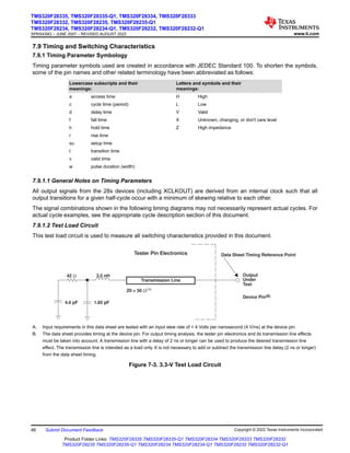 7.9 Timing and Switching Characteristics
7.9.1 Timing Parameter Symbology
Timing parameter symbols used are created in accordance with JEDEC Standard 100. To shorten the symbols,
some of the pin names and other related terminology have been abbreviated as follows:
Lowercase subscripts and their
meanings:
Letters and symbols and their
meanings:
a access time H High
c cycle time (period) L Low
d delay time V Valid
f fall time X Unknown, changing, or don't care level
h hold time Z High impedance
r rise time
su setup time
t transition time
v valid time
w pulse duration (width)
7.9.1.1 General Notes on Timing Parameters
All output signals from the 28x devices (including XCLKOUT) are derived from an internal clock such that all
output transitions for a given half-cycle occur with a minimum of skewing relative to each other.
The signal combinations shown in the following timing diagrams may not necessarily represent actual cycles. For
actual cycle examples, see the appropriate cycle description section of this document.
7.9.1.2 Test Load Circuit
This test load circuit is used to measure all switching characteristics provided in this document.
Transmission Line
4.0 pF 1.85 pF
Z0 = 50 Ω(Α)
Tester Pin Electronics Data Sheet Timing Reference Point
Output
Under
Test
42 Ω 3.5 nH
Device Pin(B)
A. Input requirements in this data sheet are tested with an input slew rate of < 4 Volts per nanosecond (4 V/ns) at the device pin.
B. The data sheet provides timing at the device pin. For output timing analysis, the tester pin electronics and its transmission line effects
must be taken into account. A transmission line with a delay of 2 ns or longer can be used to produce the desired transmission line
effect. The transmission line is intended as a load only. It is not necessary to add or subtract the transmission line delay (2 ns or longer)
from the data sheet timing.
Figure 7-3. 3.3-V Test Load Circuit
TMS320F28335, TMS320F28335-Q1, TMS320F28334, TMS320F28333
TMS320F28332, TMS320F28235, TMS320F28235-Q1
TMS320F28234, TMS320F28234-Q1, TMS320F28232, TMS320F28232-Q1
SPRS439Q – JUNE 2007 – REVISED AUGUST 2022 www.ti.com
46 Submit Document Feedback Copyright © 2022 Texas Instruments Incorporated
Product Folder Links: TMS320F28335 TMS320F28335-Q1 TMS320F28334 TMS320F28333 TMS320F28332
TMS320F28235 TMS320F28235-Q1 TMS320F28234 TMS320F28234-Q1 TMS320F28232 TMS320F28232-Q1
 