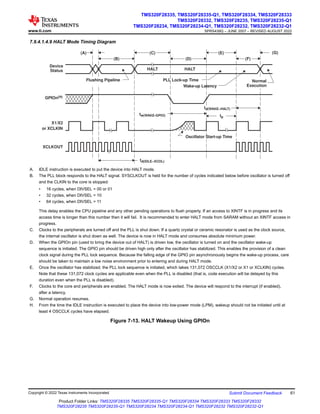 7.9.4.1.4.9 HALT Mode Timing Diagram
td(IDLE−XCOL)
X1/X2
or XCLKIN
XCLKOUT
HALT HALT
Wake-up Latency
Flushing Pipeline
td(WAKE−HALT)
(A)
(B)
(C)
(D)
Device
Status
(E) (G)
(F)
PLL Lock-up Time Normal
Execution
tw(WAKE-GPIO) tp
GPIOn(H)
Oscillator Start-up Time
A. IDLE instruction is executed to put the device into HALT mode.
B. The PLL block responds to the HALT signal. SYSCLKOUT is held for the number of cycles indicated below before oscillator is turned off
and the CLKIN to the core is stopped:
• 16 cycles, when DIVSEL = 00 or 01
• 32 cycles, when DIVSEL = 10
• 64 cycles, when DIVSEL = 11
This delay enables the CPU pipeline and any other pending operations to flush properly. If an access to XINTF is in progress and its
access time is longer than this number then it will fail. It is recommended to enter HALT mode from SARAM without an XINTF access in
progress.
C. Clocks to the peripherals are turned off and the PLL is shut down. If a quartz crystal or ceramic resonator is used as the clock source,
the internal oscillator is shut down as well. The device is now in HALT mode and consumes absolute minimum power.
D. When the GPIOn pin (used to bring the device out of HALT) is driven low, the oscillator is turned on and the oscillator wake-up
sequence is initiated. The GPIO pin should be driven high only after the oscillator has stabilized. This enables the provision of a clean
clock signal during the PLL lock sequence. Because the falling edge of the GPIO pin asynchronously begins the wake-up process, care
should be taken to maintain a low noise environment prior to entering and during HALT mode.
E. Once the oscillator has stabilized, the PLL lock sequence is initiated, which takes 131,072 OSCCLK (X1/X2 or X1 or XCLKIN) cycles.
Note that these 131,072 clock cycles are applicable even when the PLL is disabled (that is, code execution will be delayed by this
duration even when the PLL is disabled).
F. Clocks to the core and peripherals are enabled. The HALT mode is now exited. The device will respond to the interrupt (if enabled),
after a latency.
G. Normal operation resumes.
H. From the time the IDLE instruction is executed to place the device into low-power mode (LPM), wakeup should not be initiated until at
least 4 OSCCLK cycles have elapsed.
Figure 7-13. HALT Wakeup Using GPIOn
www.ti.com
TMS320F28335, TMS320F28335-Q1, TMS320F28334, TMS320F28333
TMS320F28332, TMS320F28235, TMS320F28235-Q1
TMS320F28234, TMS320F28234-Q1, TMS320F28232, TMS320F28232-Q1
SPRS439Q – JUNE 2007 – REVISED AUGUST 2022
Copyright © 2022 Texas Instruments Incorporated Submit Document Feedback 61
Product Folder Links: TMS320F28335 TMS320F28335-Q1 TMS320F28334 TMS320F28333 TMS320F28332
TMS320F28235 TMS320F28235-Q1 TMS320F28234 TMS320F28234-Q1 TMS320F28232 TMS320F28232-Q1
 