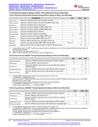 7.9.6.8 External Interface Ready-on-Write Timing With One External Wait State
7.9.6.8.1 External Interface Write Switching Characteristics (Ready-on-Write, One Wait State)
PARAMETER MIN MAX UNIT
td(XCOH-XZCSL) Delay time, XCLKOUT high to zone chip-select active low 1 ns
td(XCOHL-XZCSH) Delay time, XCLKOUT high or low to zone chip-select inactive high – 1 0.5 ns
td(XCOH-XA) Delay time, XCLKOUT high to address valid 1.5 ns
td(XCOHL-XWEL) Delay time, XCLKOUT high/low to XWE0, XWE1 low(3) 2 ns
td(XCOHL-XWEH) Delay time, XCLKOUT high/low to XWE0, XWE1 high(3) 2 ns
td(XCOH-XRNWL) Delay time, XCLKOUT high to XR/ W low 1 ns
td(XCOHL-XRNWH) Delay time, XCLKOUT high/low to XR/ W high – 1 0.5 ns
ten(XD)XWEL Enable time, data bus driven from XWE0, XWE1 low(3) 0 ns
td(XWEL-XD) Delay time, data valid after XWE0, XWE1 active low(3) 1 ns
th(XA)XZCSH Hold time, address valid after zone chip-select inactive high (1) ns
th(XD)XWE Hold time, write data valid after XWE0, XWE1 inactive high(3) TW – 2 (2) ns
tdis(XD)XRNW Maximum time for DSP to release the data bus after XR/ W inactive high 4 ns
(1) During inactive cycles, the XINTF address bus always holds the last address put out on the bus except XA0, which remains high. This
includes alignment cycles.
(2) TW = trail period, write access (see Table 7-2)
(3) XWE1 is used in 32-bit data bus mode only. In 16-bit, this signal is XA0.
7.9.6.8.2 Synchronous XREADY Timing Requirements (Ready-on-Write, One Wait State)
MIN MAX UNIT
tsu(XRDYsynchL)XCOHL Setup time, XREADY (synchronous) low before XCLKOUT high/low(1) 12 ns
th(XRDYsynchL) Hold time, XREADY (synchronous) low(1) 6 ns
te(XRDYsynchH)
Earliest time XREADY (synchronous) can go high before the sampling
XCLKOUT edge(1) 3 ns
tsu(XRDYsynchH)XCOHL Setup time, XREADY (synchronous) high before XCLKOUT high/low(1) 12 ns
th(XRDYsynchH)XZCSH
Hold time, XREADY (synchronous) held high after zone chip select
high(1) 0 ns
(1) The first XREADY (synchronous) sample occurs with respect to E in Figure 7-33:
E =(XWRLEAD + XWRACTIVE) tc(XTIM)
When first sampled, if XREADY (synchronous) is high, then the access will complete. If XREADY (synchronous) is low, it is sampled
again each tc(XTIM) until it is high.
For each sample, setup time from the beginning of the access can be calculated as:
F = (XWRLEAD + XWRACTIVE +n –1) tc(XTIM) – tsu(XRDYsynchL)XCOHL
where n is the sample number: n = 1, 2, 3, and so forth.
7.9.6.8.3 Asynchronous XREADY Timing Requirements (Ready-on-Write, One Wait State)
MIN MAX UNIT
tsu(XRDYasynchL)XCOHL Setup time, XREADY (asynchronous) low before XCLKOUT high/low(1) 11 ns
th(XRDYasynchL) Hold time, XREADY (asynchronous) low(1) 6 ns
te(XRDYasynchH)
Earliest time XREADY (asynchronous) can go high before the sampling
XCLKOUT edge(1) 3 ns
tsu(XRDYasynchH)XCOHL Setup time, XREADY (asynchronous) high before XCLKOUT high/low(1) 11 ns
th(XRDYasynchH)XZCSH Hold time, XREADY (asynchronous) held high after zone chip select high(1) 0 ns
(1) The first XREADY (synchronous) sample occurs with respect to E in Figure 7-33:
E = (XWRLEAD + XWRACTIVE –2) tc(XTIM). When first sampled, if XREADY (asynchronous) is high, then the access will complete. If
XREADY (asynchronous) is low, it is sampled again each tc(XTIM) until it is high.
For each sample, setup time from the beginning of the access can be calculated as:
F = (XWRLEAD + XWRACTIVE –3 + n) tc(XTIM) – tsu(XRDYasynchL)XCOHL
where n is the sample number: n = 1, 2, 3, and so forth.
TMS320F28335, TMS320F28335-Q1, TMS320F28334, TMS320F28333
TMS320F28332, TMS320F28235, TMS320F28235-Q1
TMS320F28234, TMS320F28234-Q1, TMS320F28232, TMS320F28232-Q1
SPRS439Q – JUNE 2007 – REVISED AUGUST 2022 www.ti.com
92 Submit Document Feedback Copyright © 2022 Texas Instruments Incorporated
Product Folder Links: TMS320F28335 TMS320F28335-Q1 TMS320F28334 TMS320F28333 TMS320F28332
TMS320F28235 TMS320F28235-Q1 TMS320F28234 TMS320F28234-Q1 TMS320F28232 TMS320F28232-Q1
 