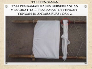 TALI PENGAMAN 
TALI PENGAMAN HARUS BERSEBRANGAN 
MENGIKAT TALI PENGAMAN DI TENGAH – 
TENGAH DI ANTARA RUAS 1 DAN 2. 
 