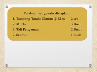 Peralatan yang perlu disiapkan : 
1. Tambang Tandu Ukuran @ 12 m 2 set 
2. Mitela 3 Buah 
3. Tali Pengaman 2 Buah 
7. Selimut 1 Buah 
 