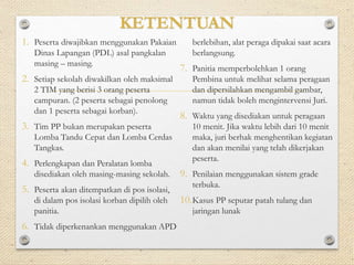 KETENTUAN 
1. Peserta diwajibkan menggunakan Pakaian 
Dinas Lapangan (PDL) asal pangkalan 
masing – masing. 
2. Setiap sekolah diwakilkan oleh maksimal 
2 TIM yang berisi 3 orang peserta 
campuran. (2 peserta sebagai penolong 
dan 1 peserta sebagai korban). 
3. Tim PP bukan merupakan peserta 
Lomba Tandu Cepat dan Lomba Cerdas 
Tangkas. 
4. Perlengkapan dan Peralatan lomba 
disediakan oleh masing-masing sekolah. 
5. Peserta akan ditempatkan di pos isolasi, 
di dalam pos isolasi korban dipilih oleh 
panitia. 
6. Tidak diperkenankan menggunakan APD 
berlebihan, alat peraga dipakai saat acara 
berlangsung. 
7. Panitia memperbolehkan 1 orang 
Pembina untuk melihat selama peragaan 
dan dipersilahkan mengambil gambar, 
namun tidak boleh mengintervensi Juri. 
8. Waktu yang disediakan untuk peragaan 
10 menit. Jika waktu lebih dari 10 menit 
maka, juri berhak menghentikan kegiatan 
dan akan menilai yang telah dikerjakan 
peserta. 
9. Penilaian menggunakan sistem grade 
terbuka. 
10.Kasus PP seputar patah tulang dan 
jaringan lunak 
 