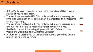 Trip Dashboard
• A Trip Dashboard provides a complete overview of the current
status of your entire fleet.
• The vehicles shown in GREEN are those which are running on
time and will reach their destination on or before their required
time of reaching.
• The vehicles displayed in RED are those which are running late
and will not be able to reach their destination on Time.
• Similarly, the vehicles being displayed in YELLOW are those
which are waiting at the Customer Location
• A slider runs on the top of the trip dashboard providing details
about the delayed vehicles.
 