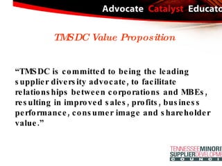 “ TMSDC is committed to being the leading  supplier diversity advocate, to facilitate  relationships between corporations and MBEs, resulting in improved sales, profits, business performance, consumer image and shareholder value.” TMSDC Value Proposition 