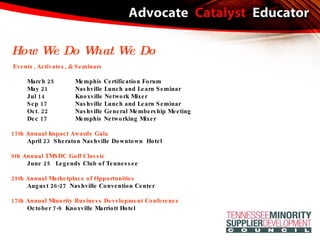 Events, Activates, & Seminars March 25  Memphis Certification Forum  May 21  Nashville Lunch and Learn Seminar Jul 14  Knoxville Network Mixer Sep 17  Nashville Lunch and Learn Seminar Oct. 22  Nashville General Membership Meeting Dec 17  Memphis Networking Mixer 17th Annual Impact Awards Gala April 23  Sheraton Nashville Downtown  Hotel  9th Annual TMSDC Golf Classic June 25  Legends Club of Tennessee 29th Annual Marketplace of Opportunities August 26-27  Nashville Convention Center 17th Annual Minority Business Development Conference October 7-8  Knoxville Marriott Hotel How We Do What We Do 