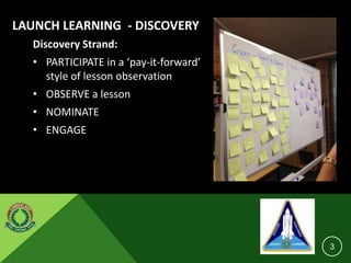 LAUNCH LEARNING - DISCOVERY
Discovery Strand:
• PARTICIPATE in a ‘pay-it-forward’
style of lesson observation
• OBSERVE a lesson
• NOMINATE
• ENGAGE
3
 
