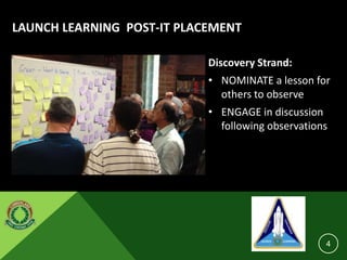 LAUNCH LEARNING POST-IT PLACEMENT
4
Discovery Strand:
• NOMINATE a lesson for
others to observe
• ENGAGE in discussion
following observations
 