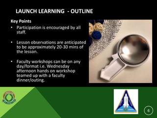 LAUNCH LEARNING - OUTLINE
Key Points
• Participation is encouraged by all
staff.
• Lesson observations are anticipated
to be approximately 20-30 mins of
the lesson.
• Faculty workshops can be on any
day/format i.e. Wednesday
afternoon hands on workshop
teamed up with a faculty
dinner/outing.
6
 