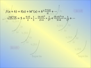 𝑓 𝑎 + ℎ = f a + hf′ a + ℎ2 𝑓′′(𝑎)
2!
+ ⋯
25.15 = 5 +
0.15
2
∗
1
5
−
0.15 2
2!∗4
∗
1
53 +
0.15 3∗3
3!∗8
∗
1
55 + ⋯
 