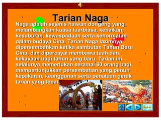 Tarian Naga yang
Naga adalah sejenis haiwan dongeng
melambangkan kuasa luarbiasa, kebaikan,
kesuburan, kewaspadaan serta kehormatan
dalam budaya Cina. Tarian Naga lazimnya
dipersembahkan ketika sambutan Tahun Baru
Cina, dan dipercayai membawa tuah dan
kekayaan bagi tahun yang baru. Tarian ini
selalunya memerlukan seramai 60 orang bagi
mempertunjukkan persembahan yang penuh
kepakaran, keanggunan serta penataan gerak
tarian yang tepat.
 