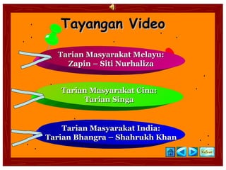 Tayangan Video

  Tarian Masyarakat Melayu:
    Zapin – Siti Nurhaliza


   Tarian Masyarakat Cina:
        Tarian Singa


    Tarian Masyarakat India:
Tarian Bhangra – Shahrukh Khan
 