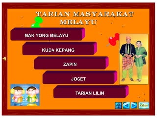 TARIAN MASYARAKAT
       MELAYU

MAK YONG MELAYU


     KUDA KEPANG


             ZAPIN


                  JOGET


                   TARIAN LILIN
 