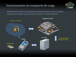 Gerenciamento de transporte de carga-Plataforma de software de logística oferecendo baixo custo via celular;-Segurança de dados completa ponto a ponto via chip exclusivo;Sua frota ou terceirosGerenciamento dasOperações mobileVPN Exclusiva